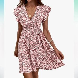SHEIN M White Pink Rose Floral Faux Wrap Flutter Sleeve A-Line Dress